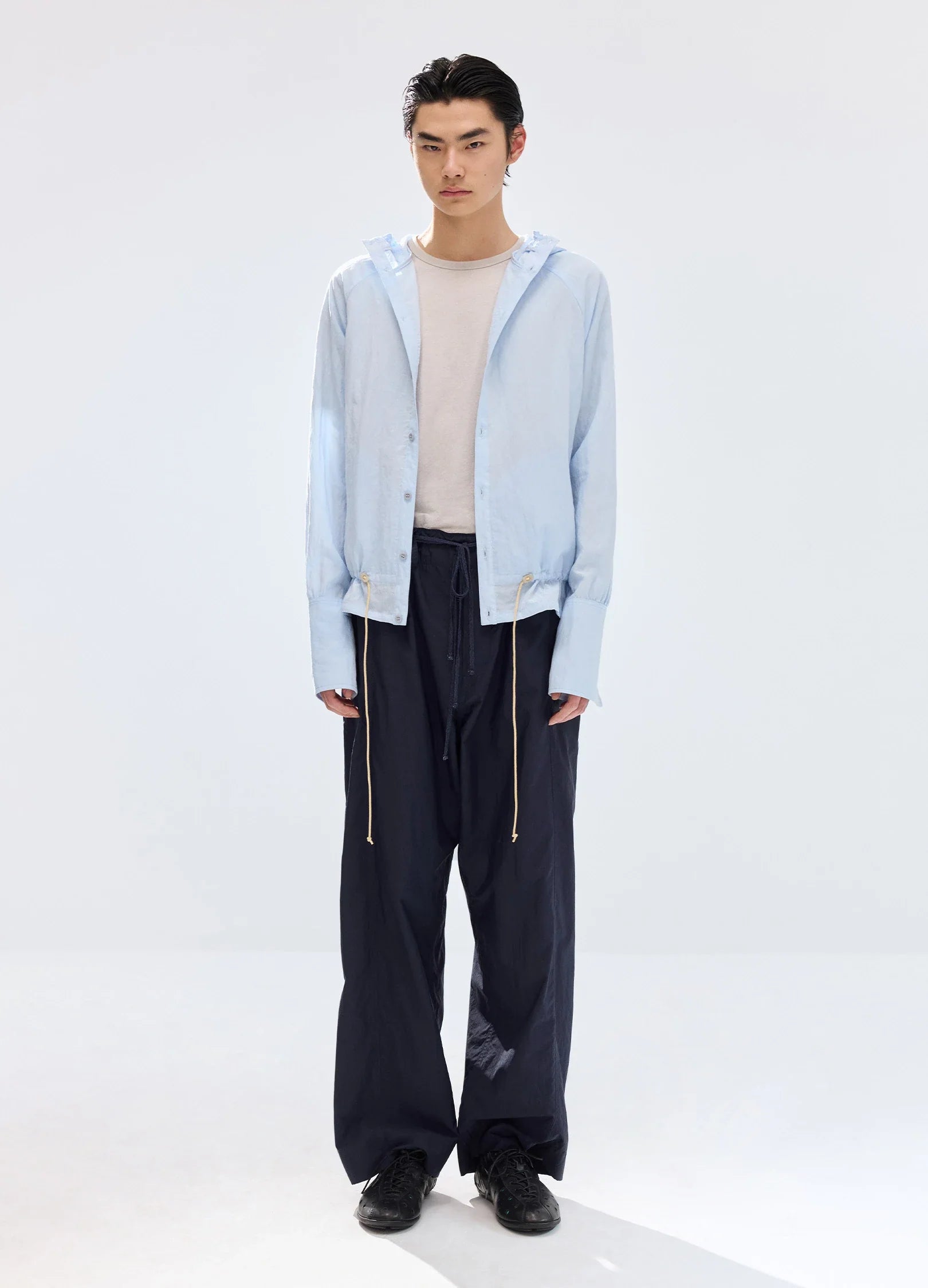 Pleated-Hood Drawstring Shirt