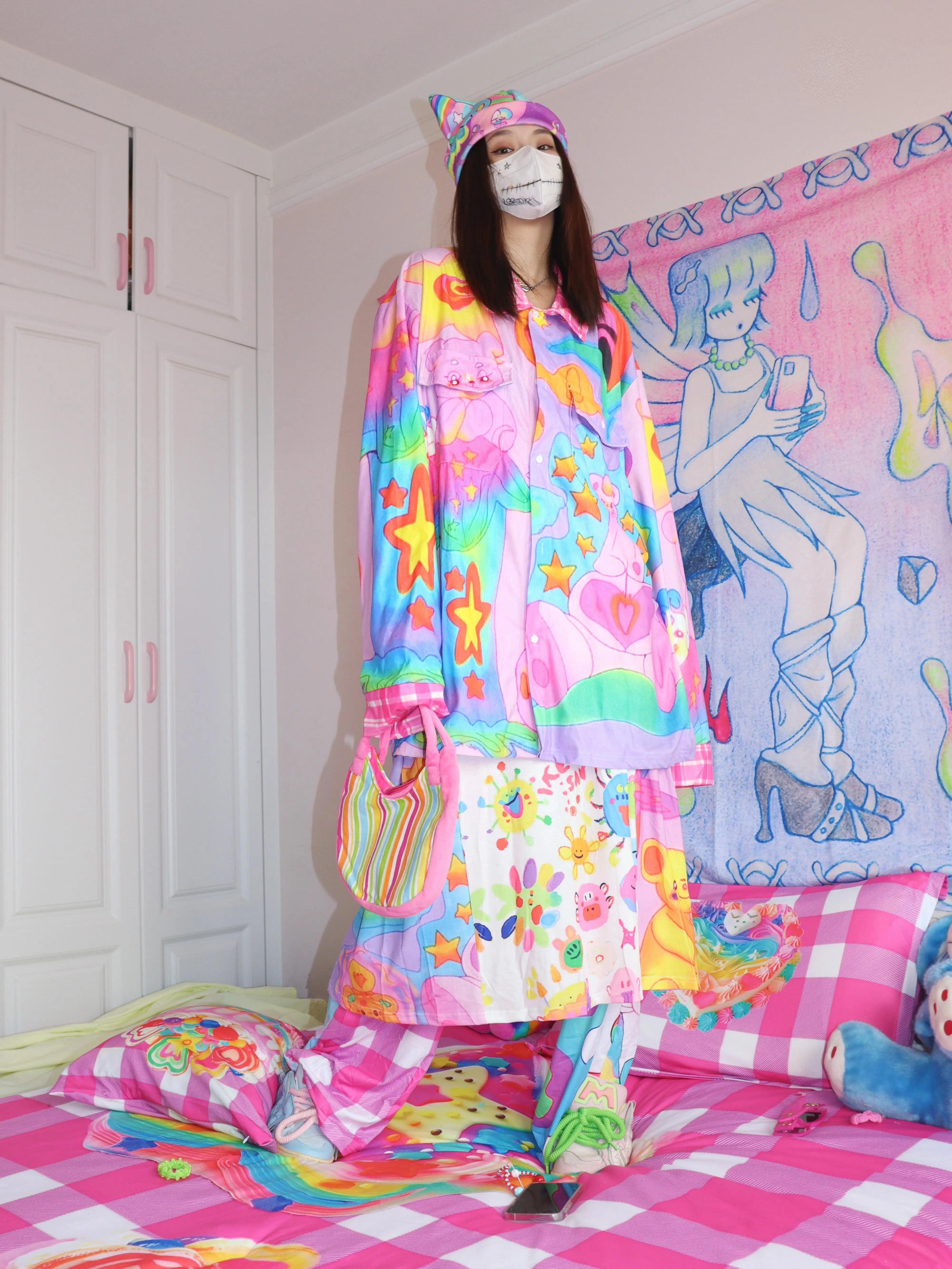 Pastel Rainbow Star Print Streetwear Shirt