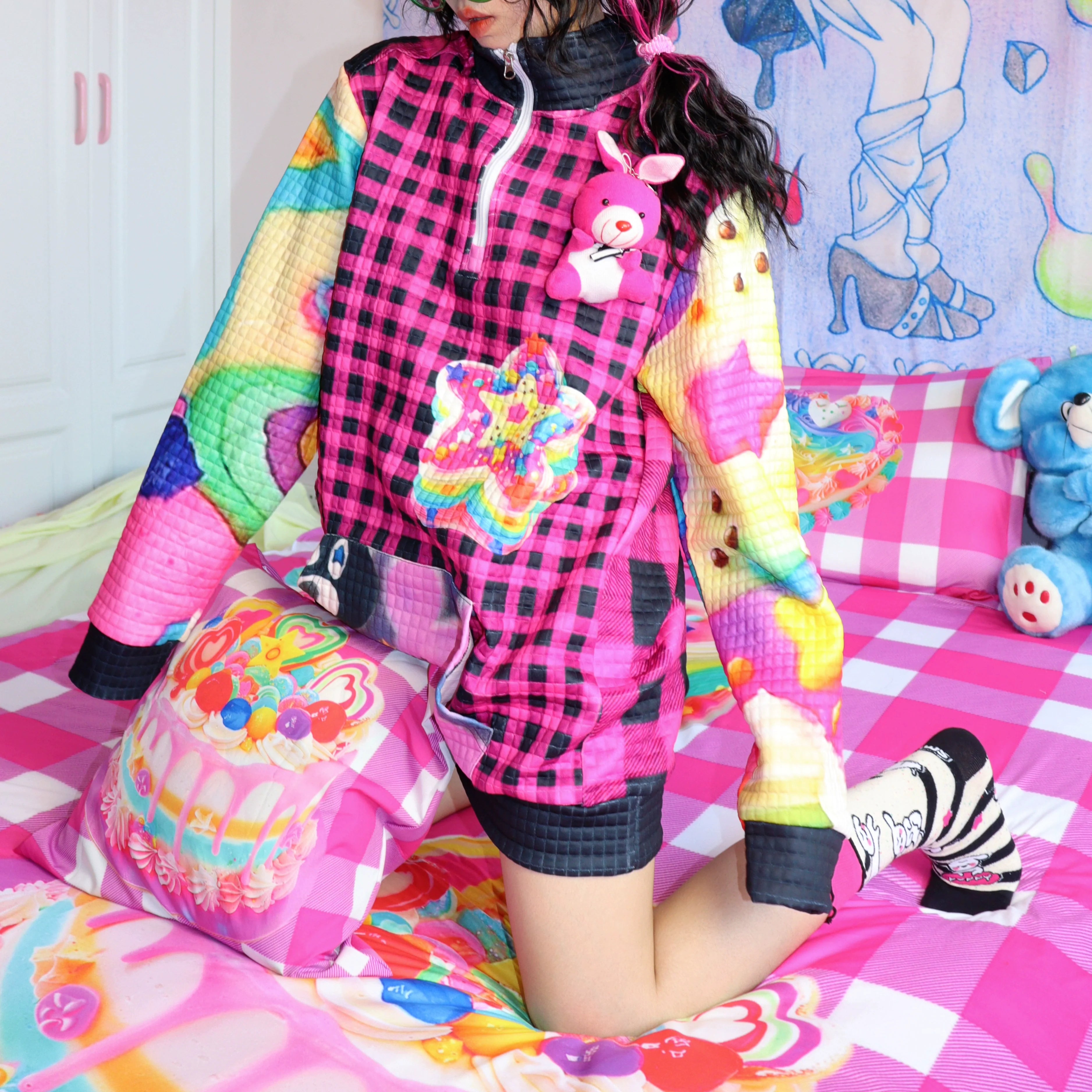 Rainbow Plaid Quilted Zip Jacket