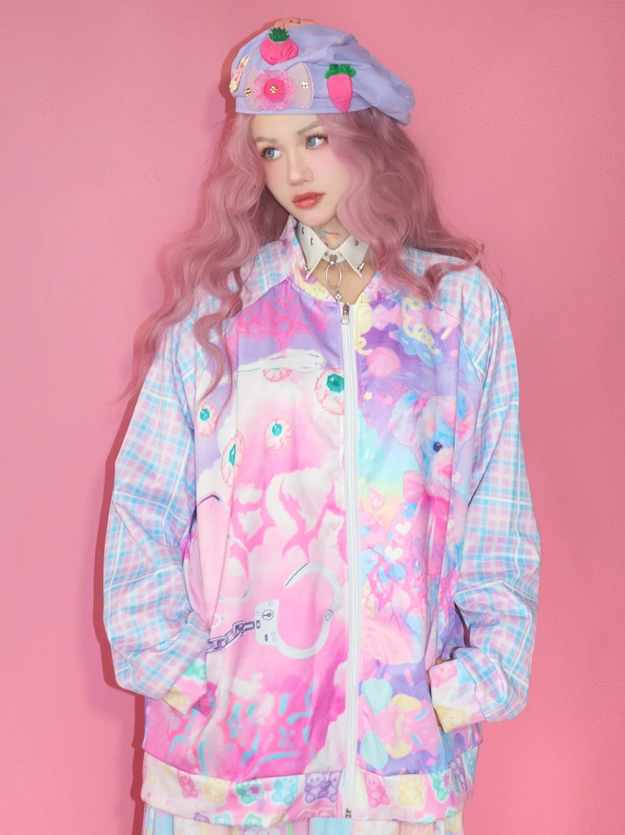Pastel Dream Plaid Sleeve Bomber Jacket
