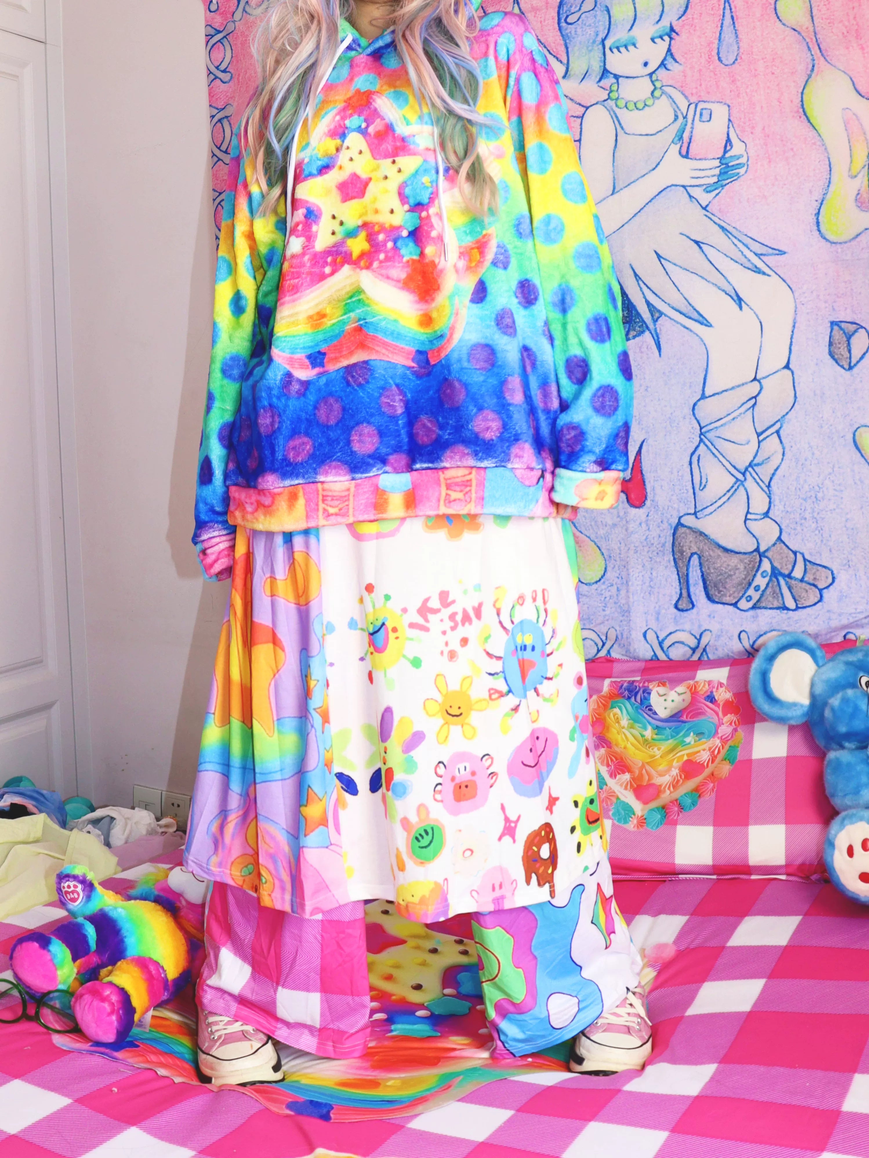 Rainbow Doodle Print Kawaii Skirt