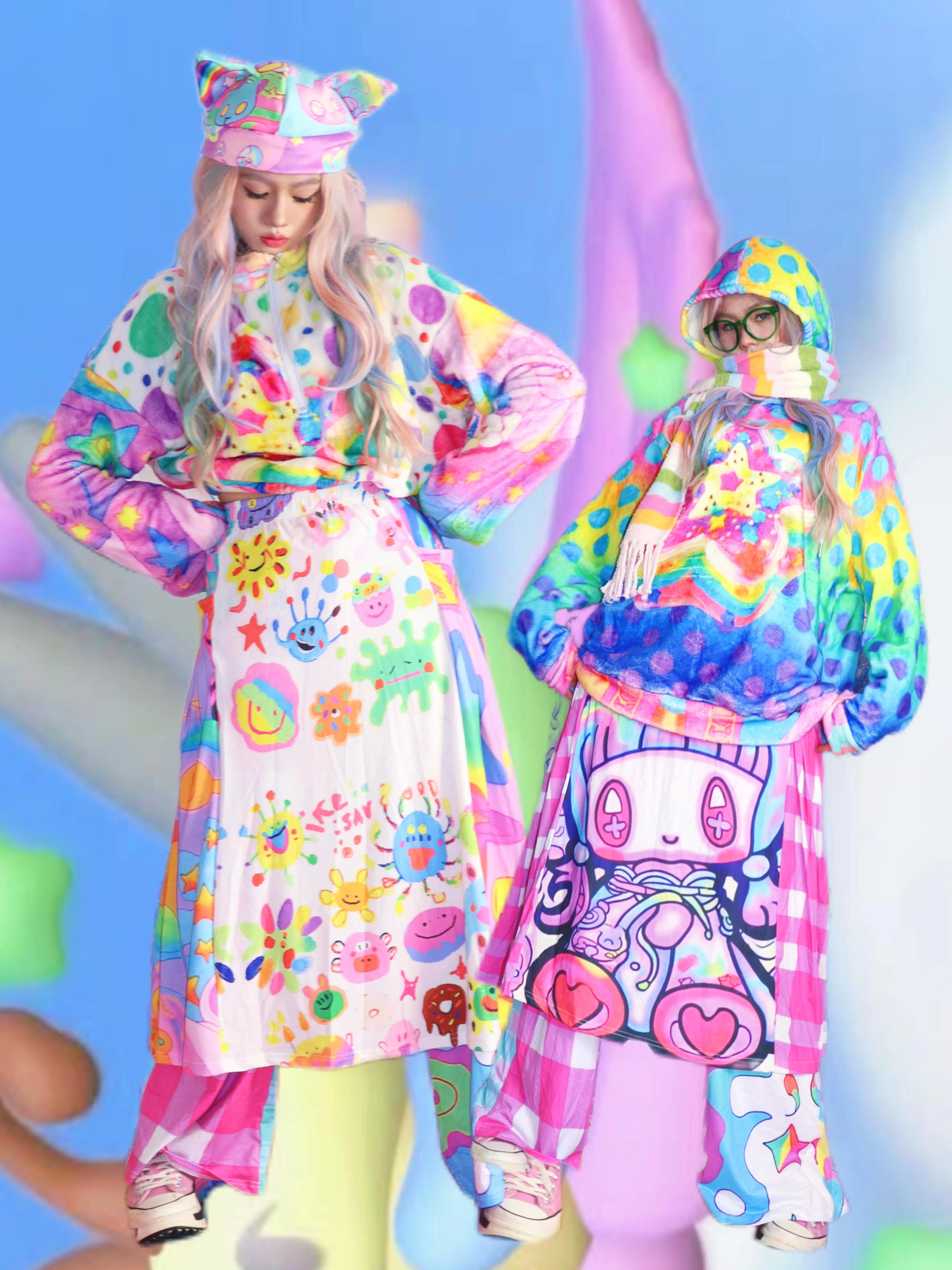 Rainbow Doodle Print Kawaii Skirt