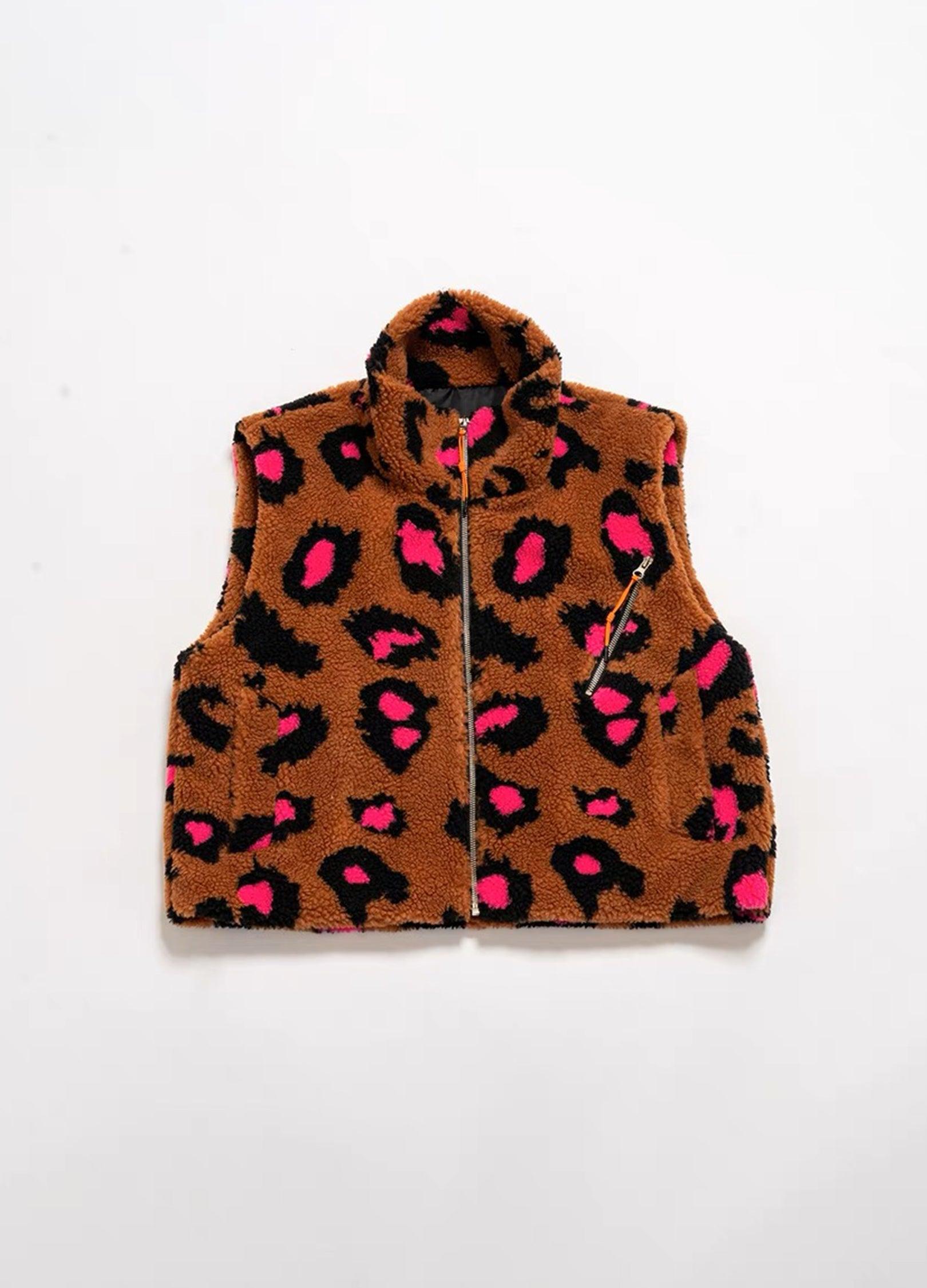 Y2K Leopard Print Fleece Cropped Vest - chiclara