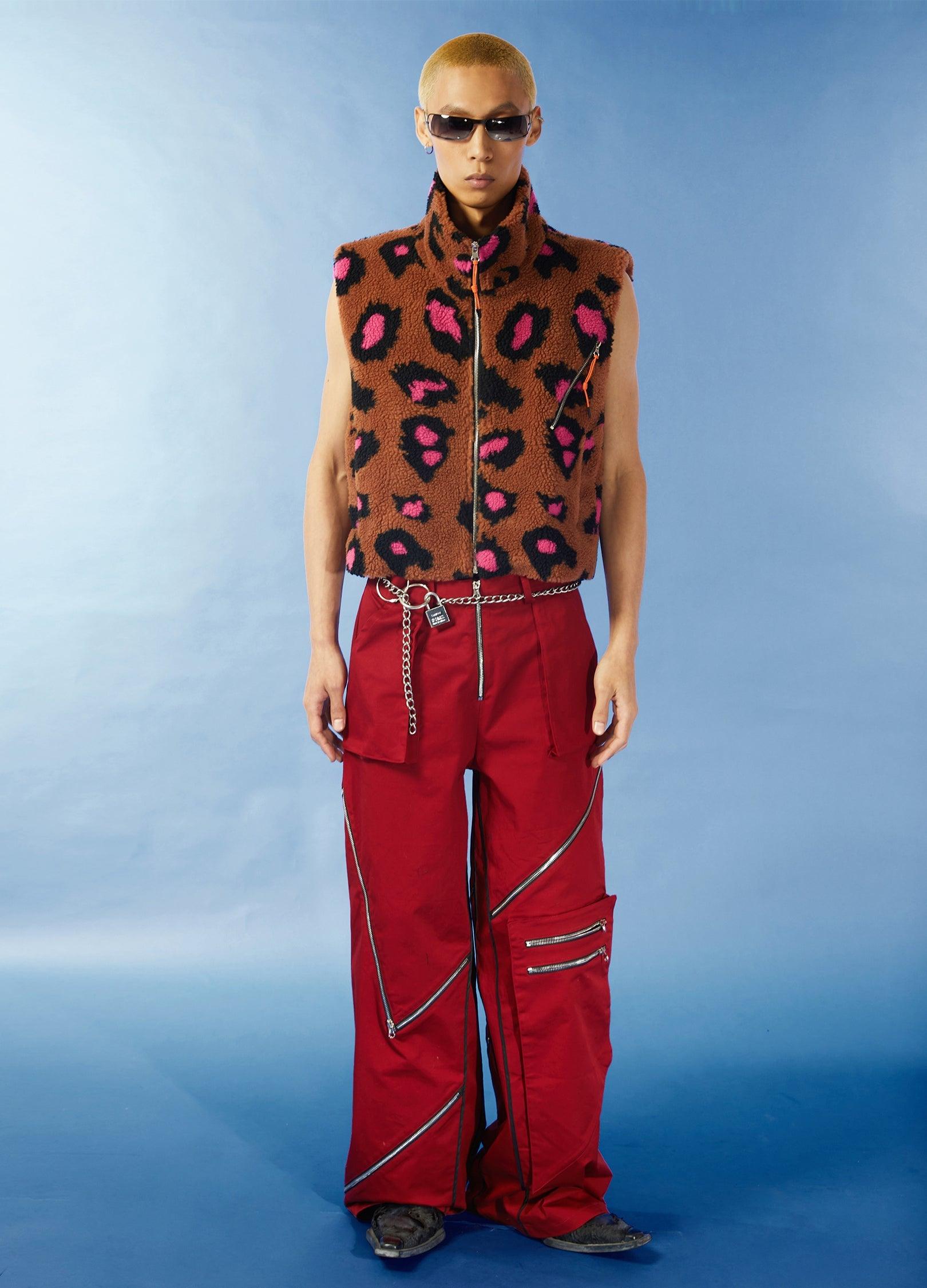 Y2K Leopard Print Fleece Cropped Vest - chiclara