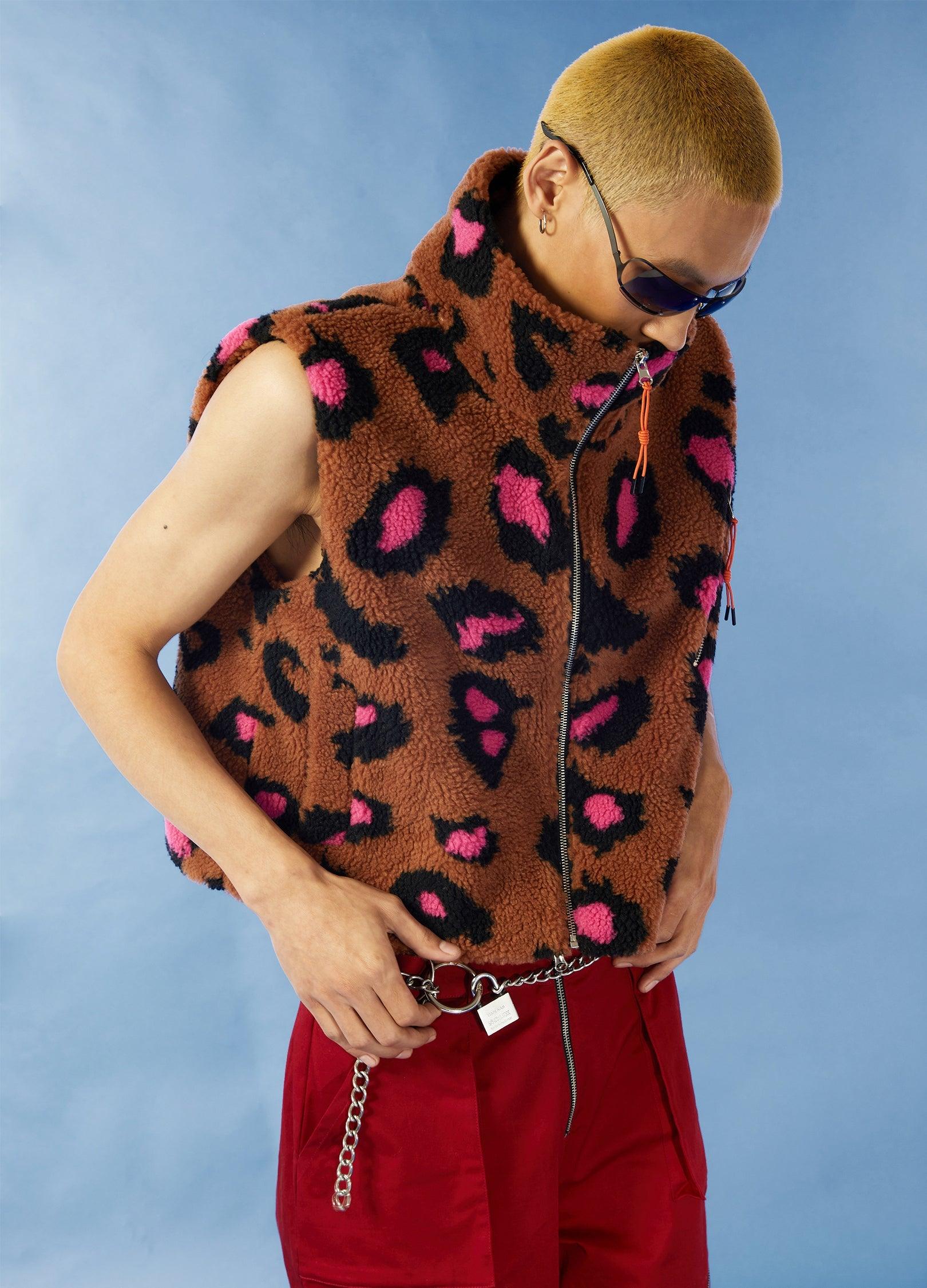 Y2K Leopard Print Fleece Cropped Vest - chiclara