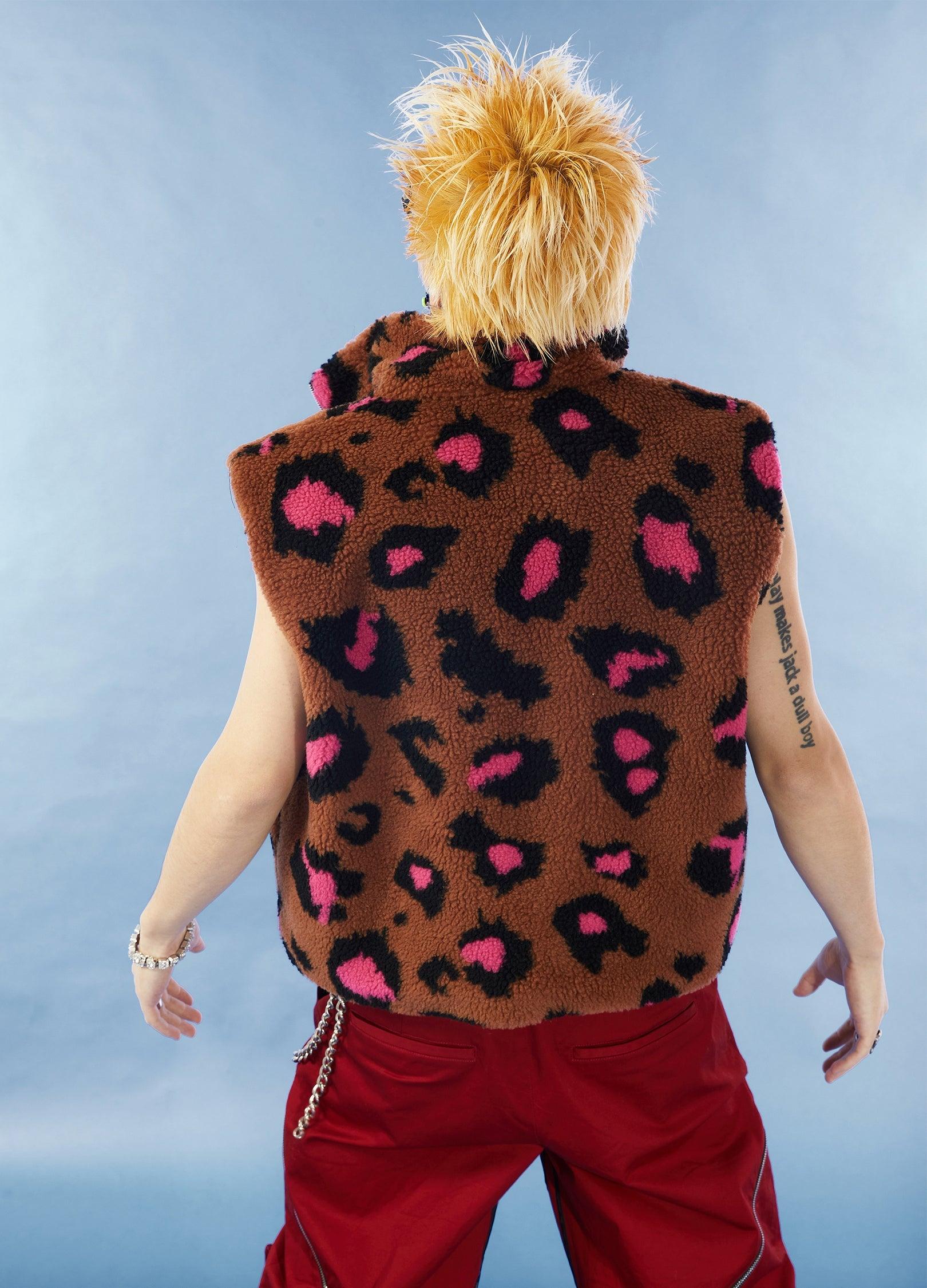 Y2K Leopard Print Fleece Cropped Vest - chiclara