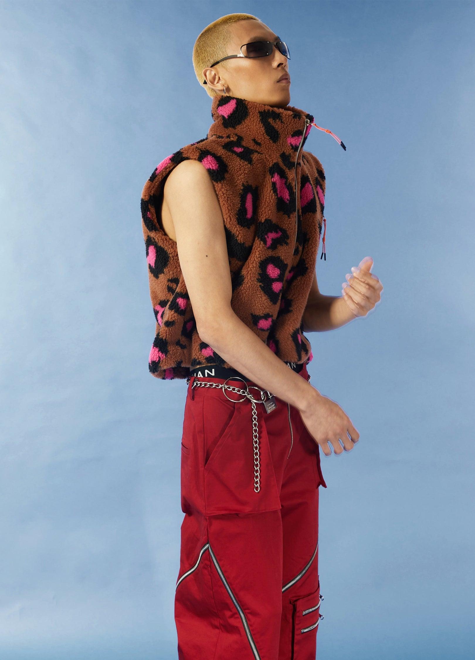 Y2K Leopard Print Fleece Cropped Vest - chiclara