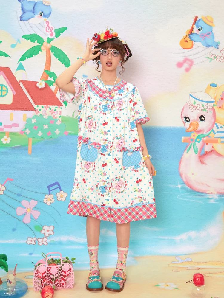 Cherry Elephant Gingham Pocket Dress
