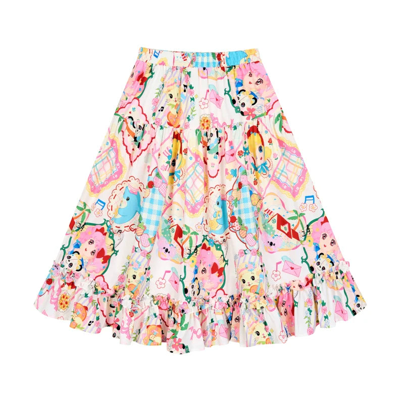 Sweet Cartoon Party Ruffle Cotton Skirt