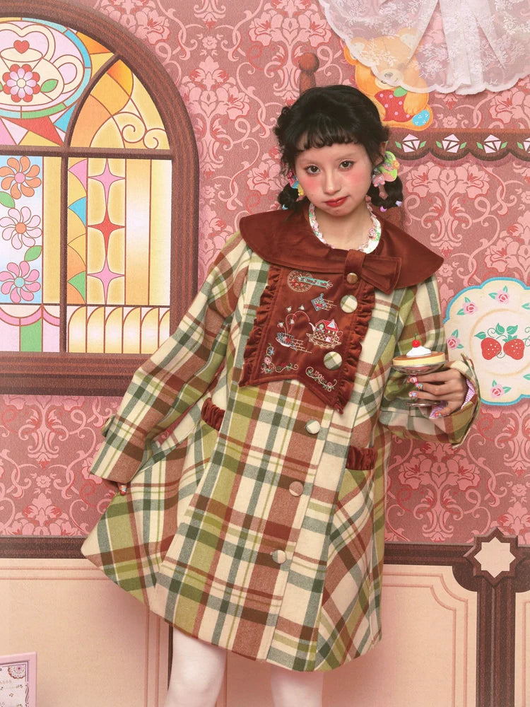 Autumn Plaid Bow Collar Coat