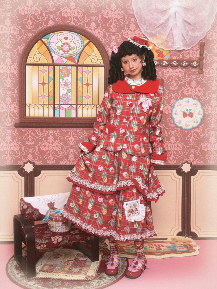 Plaid Lace Ruffle Coat and Skirt Set