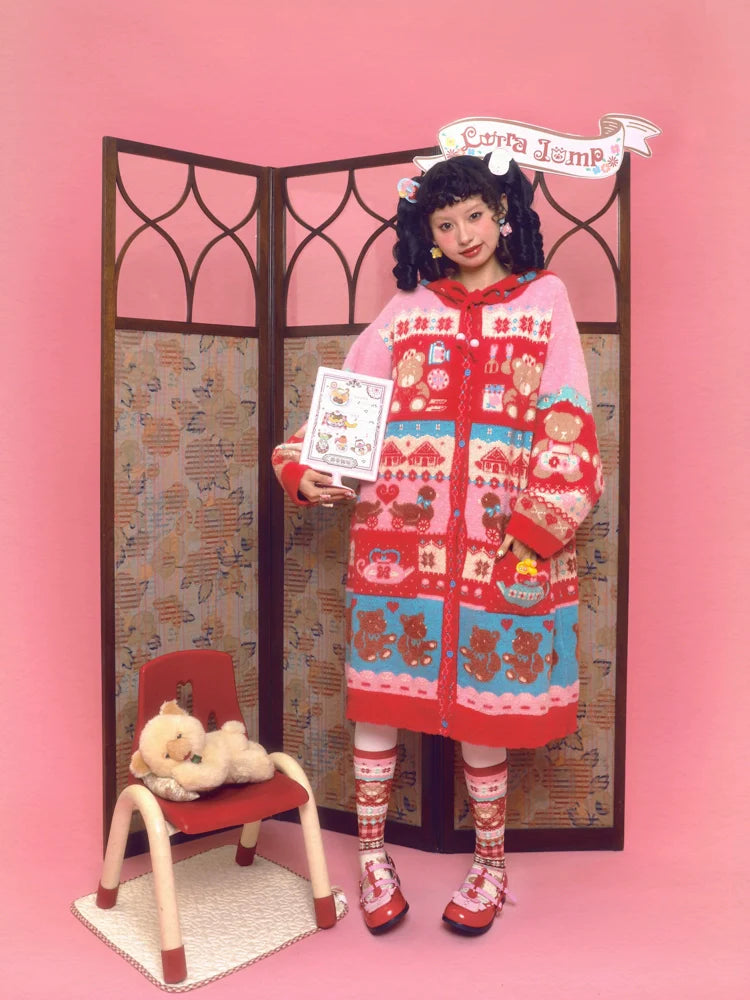 Sweet Bear Fair Isle Hooded Long Cardigan