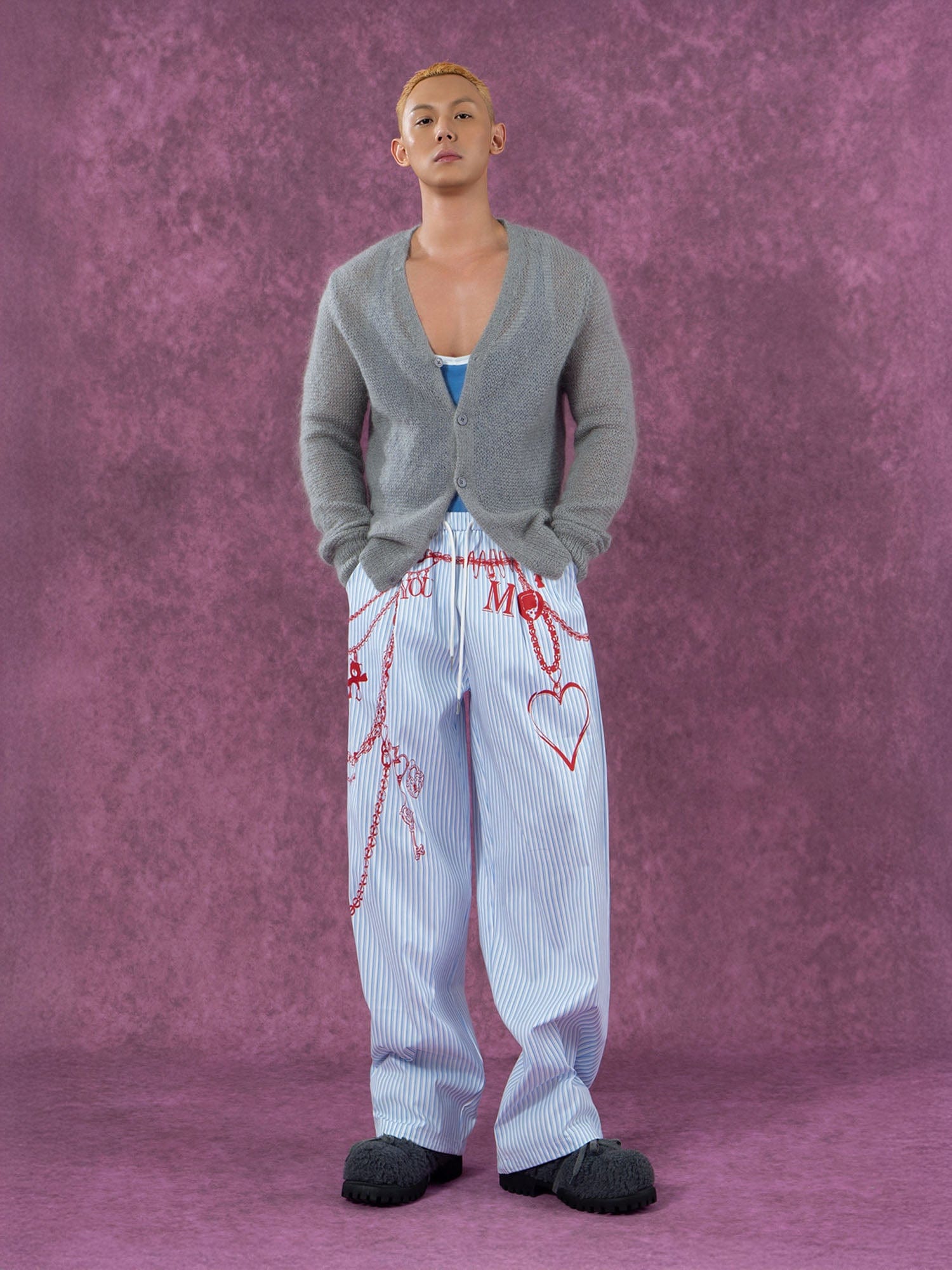 Blue Pinstripe Pants with Red Chain Print