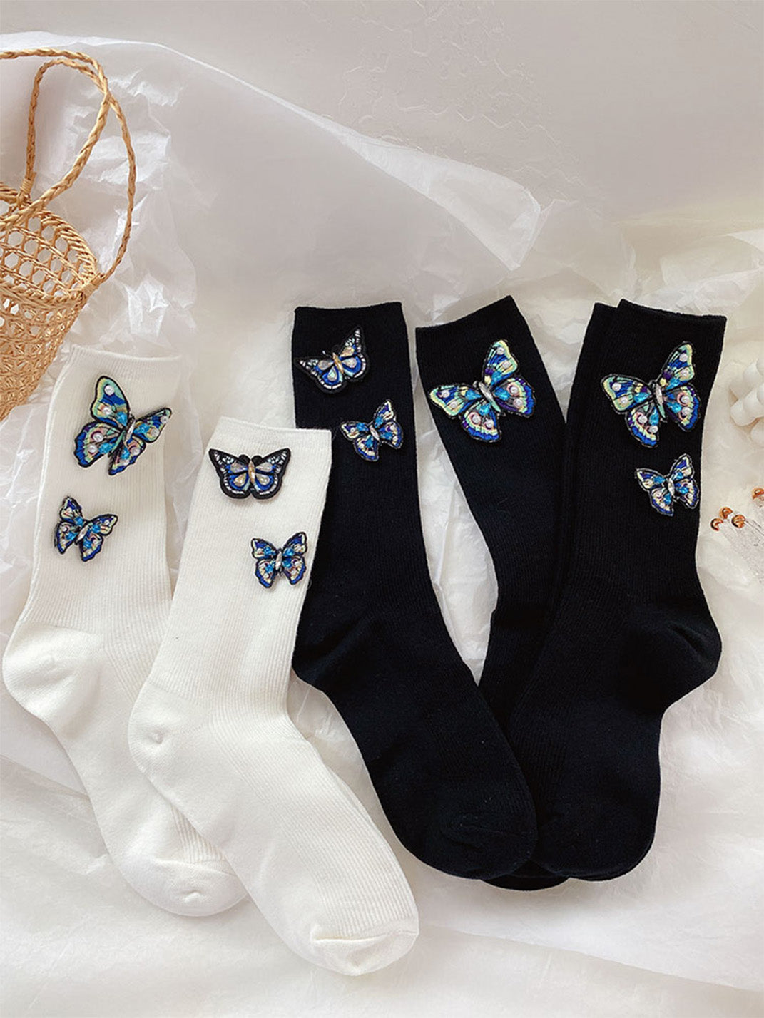 Embroidered Butterfly Pearl Socks