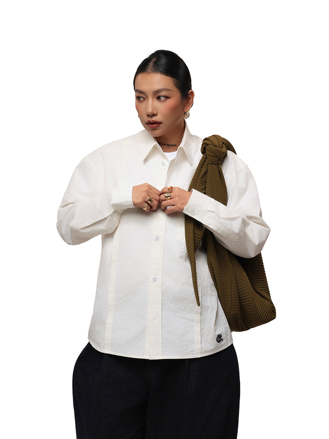 Patchwork Basic Beige Cotton Poplin Embroidered Shirt