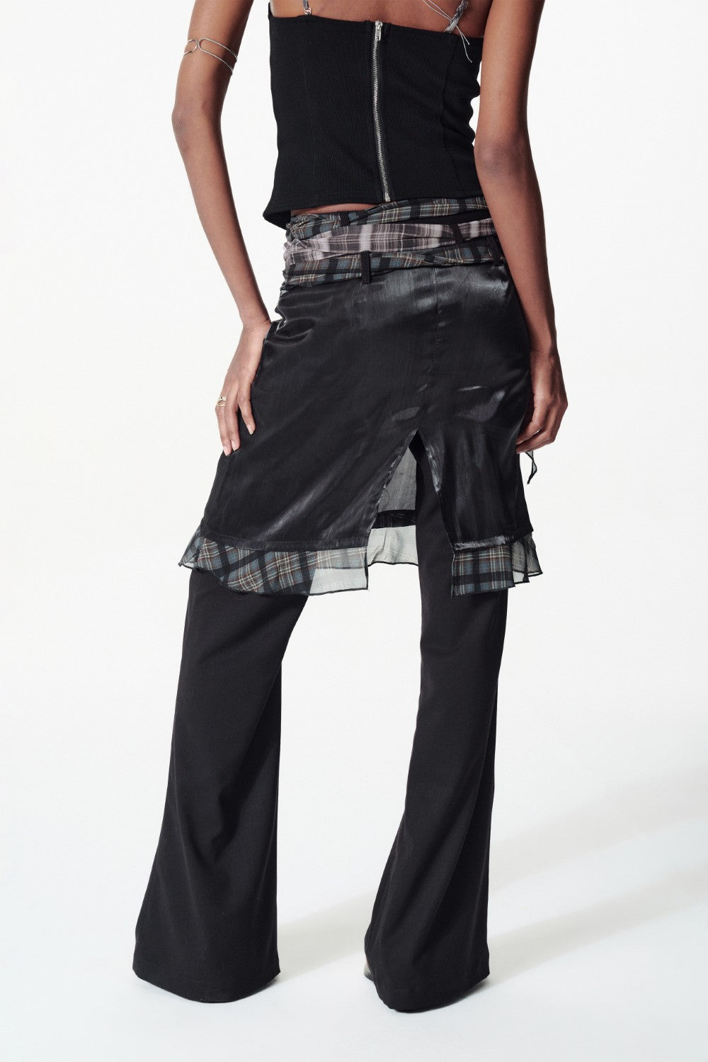 Plaid Trim Layered Satin Skirt Pants