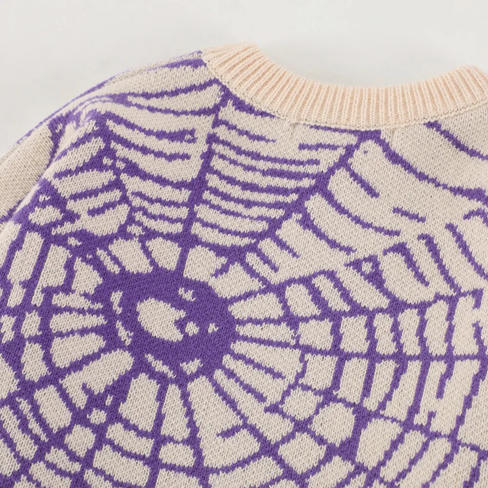 Beige and Purple Spider Web Knit Sweater