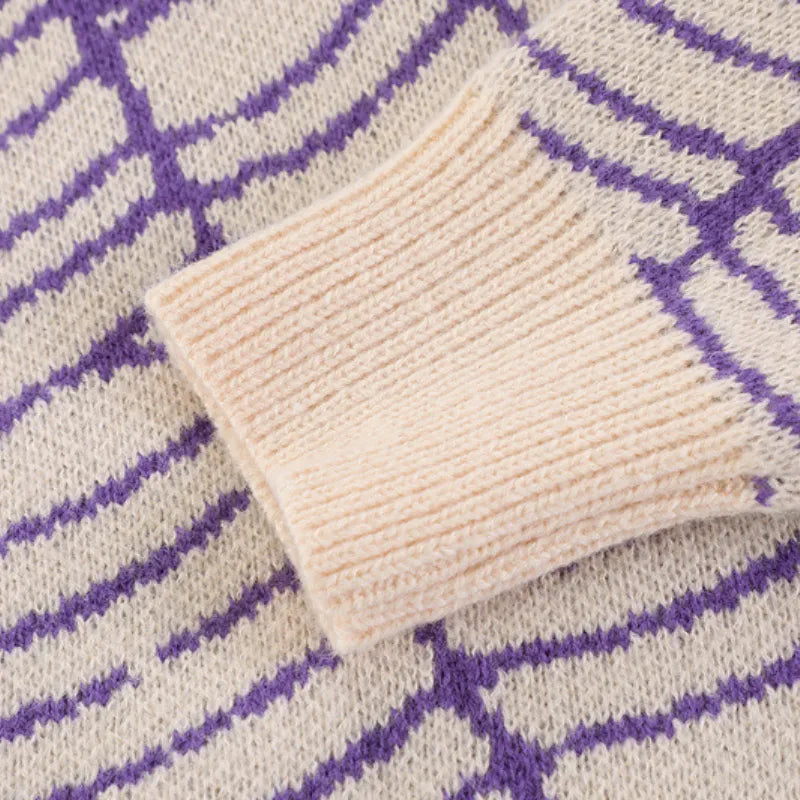 Beige and Purple Spider Web Knit Sweater