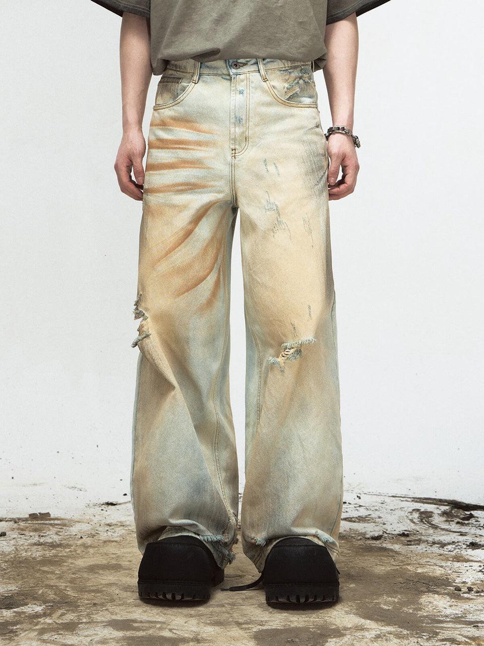 Mud Dye Ripped Jeans