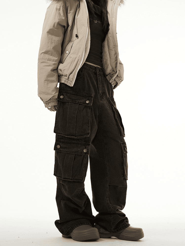 Heavy-Duty Multi-Pocket Workwear Cargo Jeans - chiclara