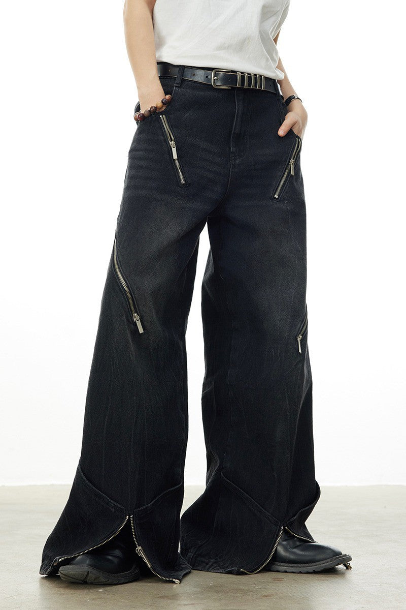 Edgy Multi-Zip Oversized Jeans - chiclara