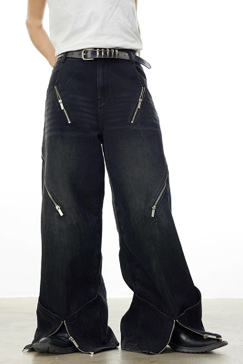 Edgy Multi-Zip Oversized Jeans - chiclara