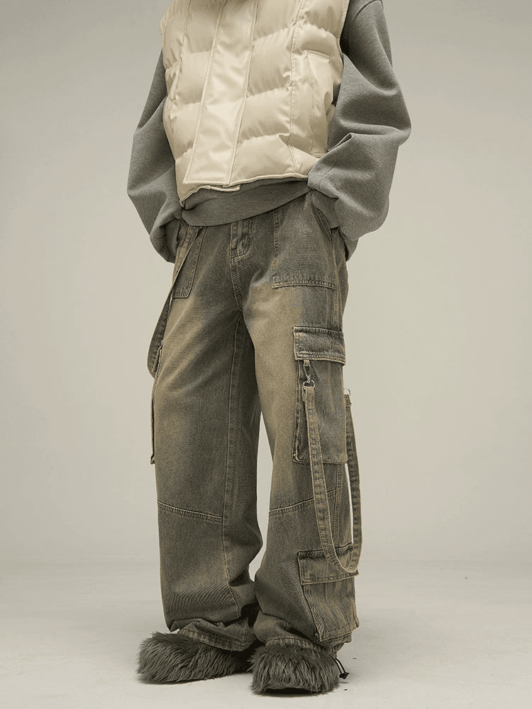 Utility Multi-Pocket Wide-Leg Cargo Jeans - chiclara