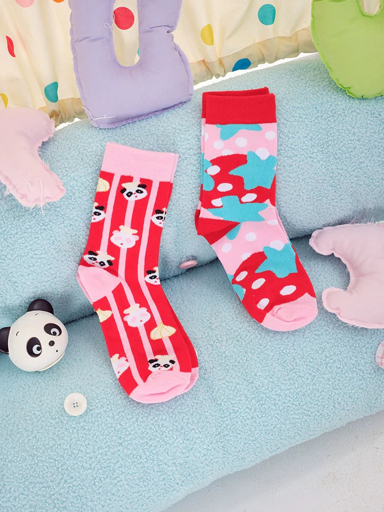 Panda Mushroom Mismatched Crew Socks