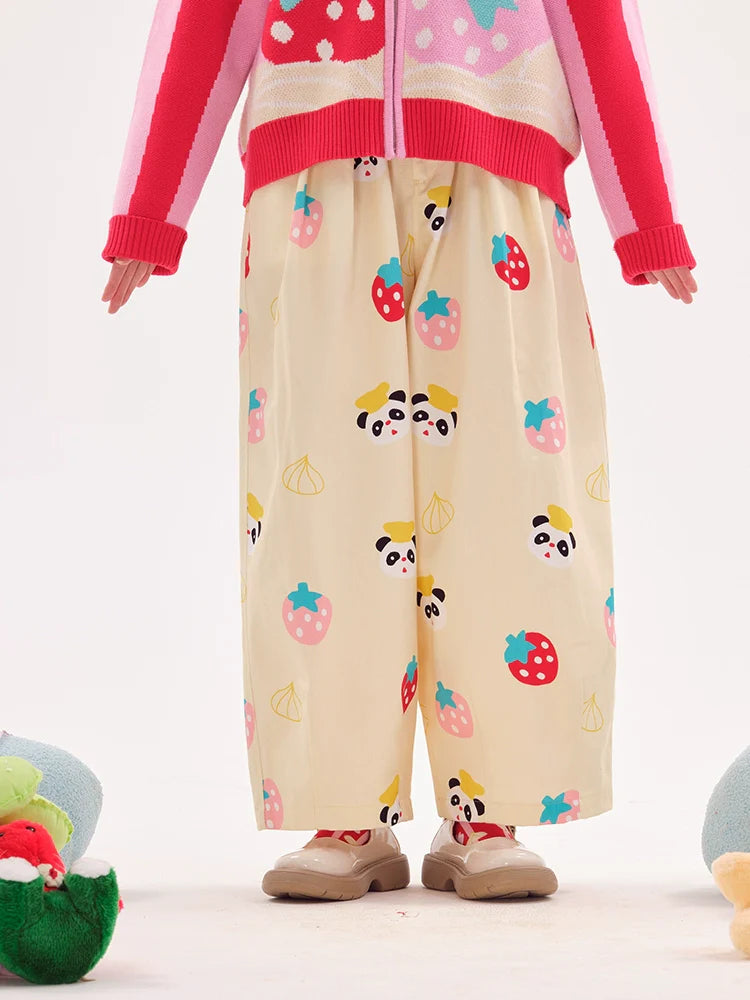 Panda Strawberry Print Wide Leg Pants
