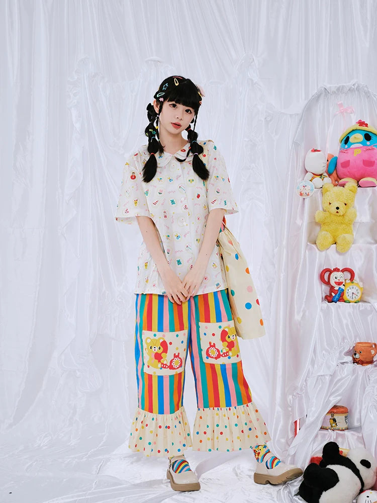 Rainbow Stripe Bear Ruffle Lounge Pants