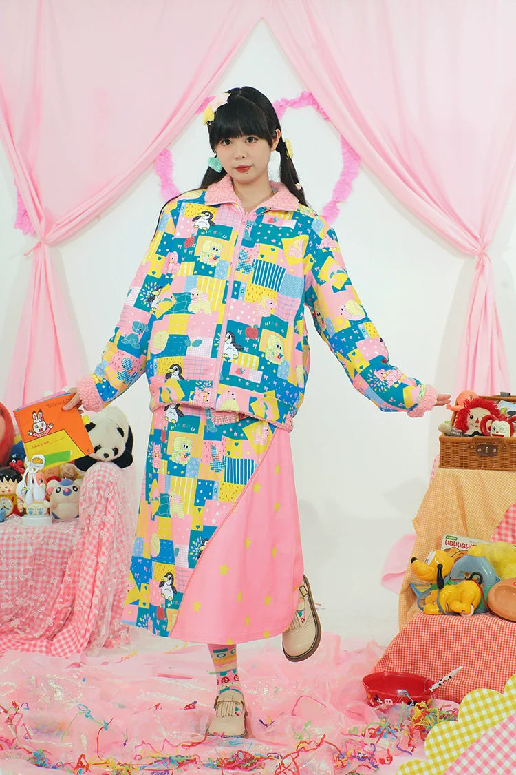 Patchwork Cartoon Print Skirt