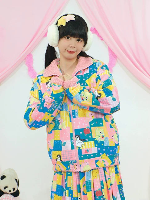 Cartoon Patchwork Sherpa Lined Zip Jacket