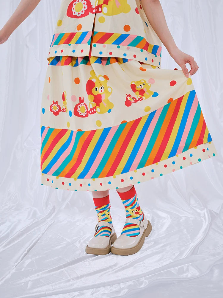 Rainbow Stripe Bear Print A-line Skirt