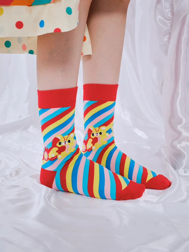 Rainbow Stripe Bear Pattern Crew Socks