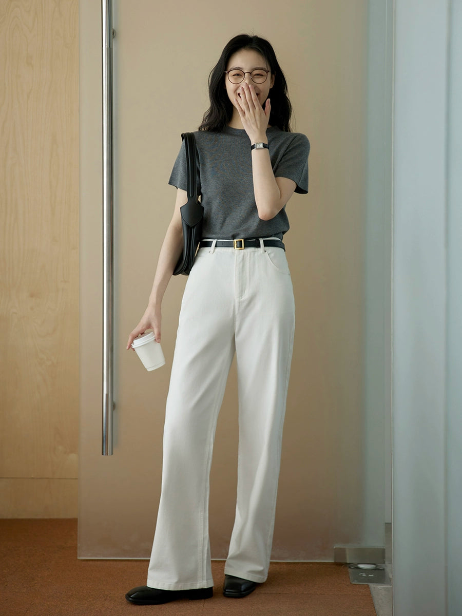 Mid-neck Knitted Short-sleeve T-shirt