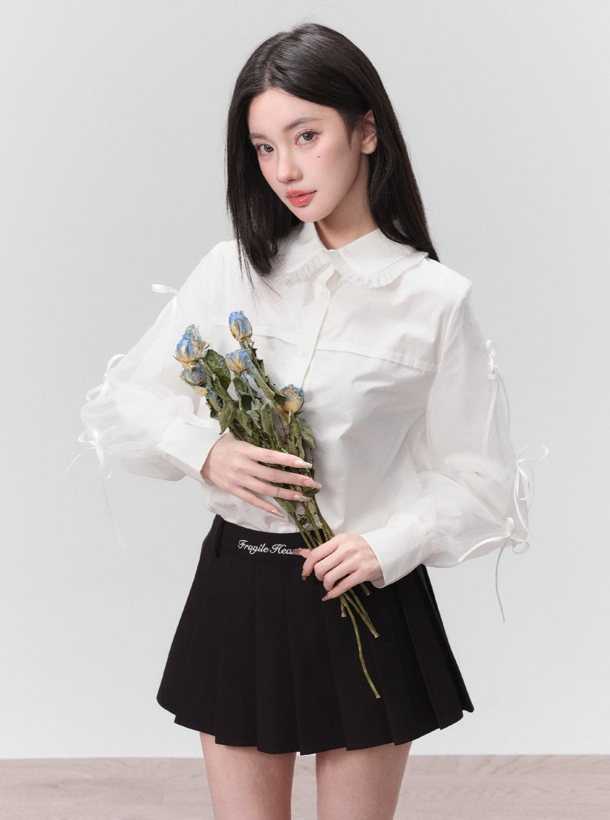 Romantic Contrast: Ruffled White Blouse and Black Midi Sundress Set