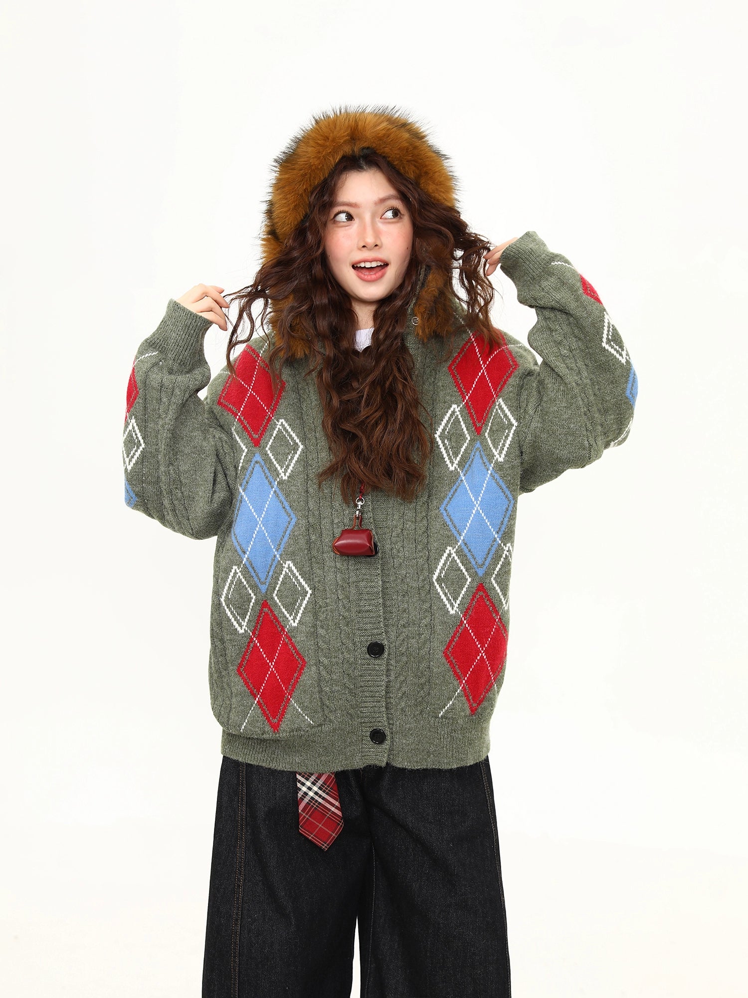 Frosty Argyle Faux-Fur Hood Cardigan