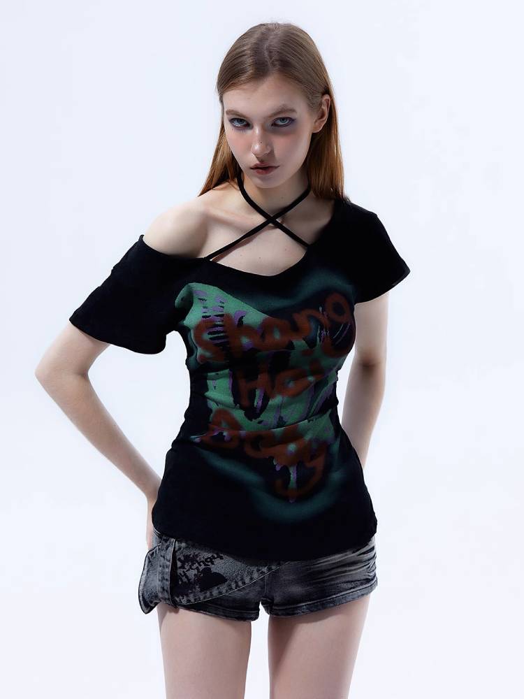 Off-shoulder Graffiti Print Top with Choker Detail