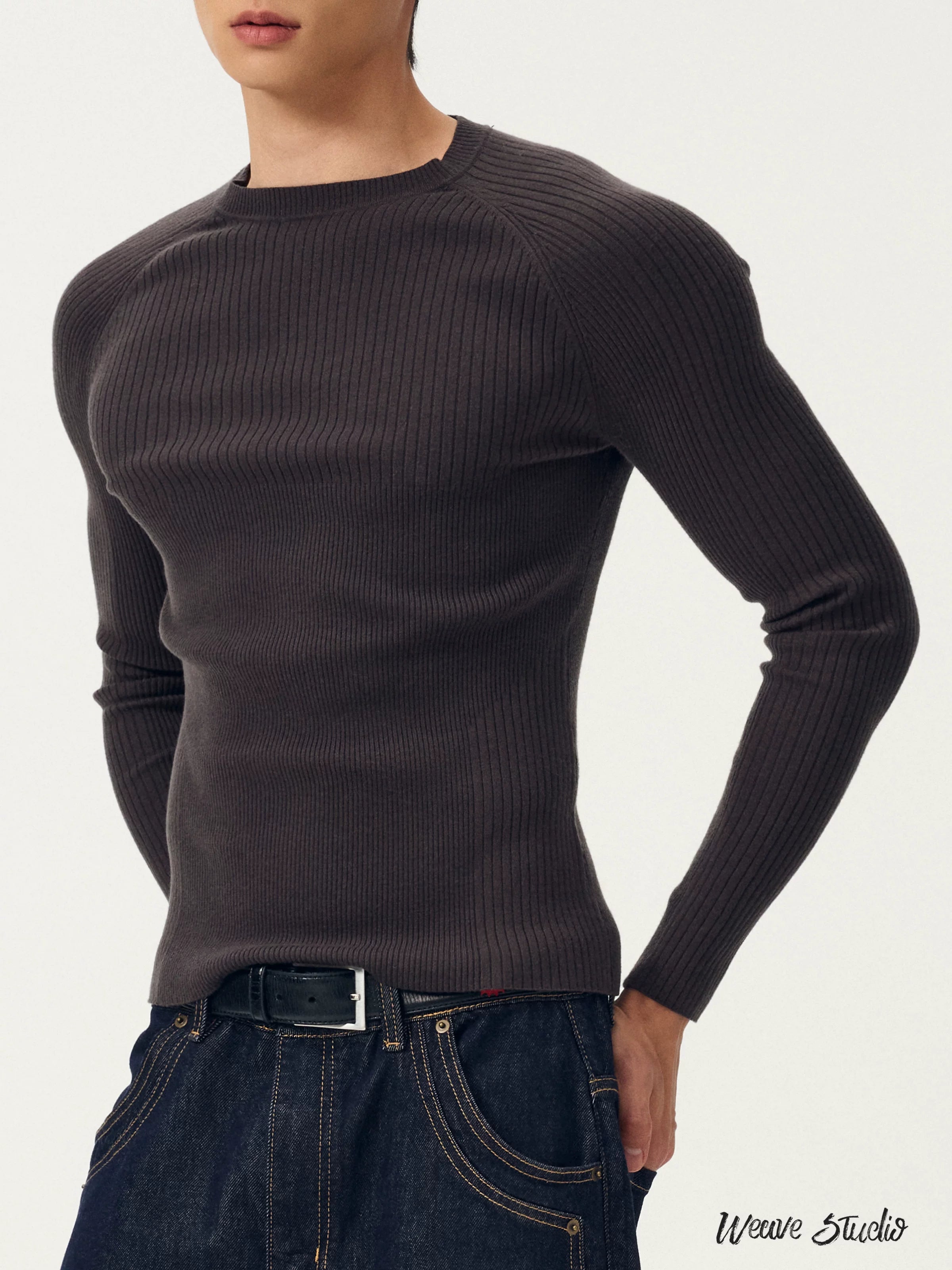 Charcoal Contour Ribbed Knit Sweater