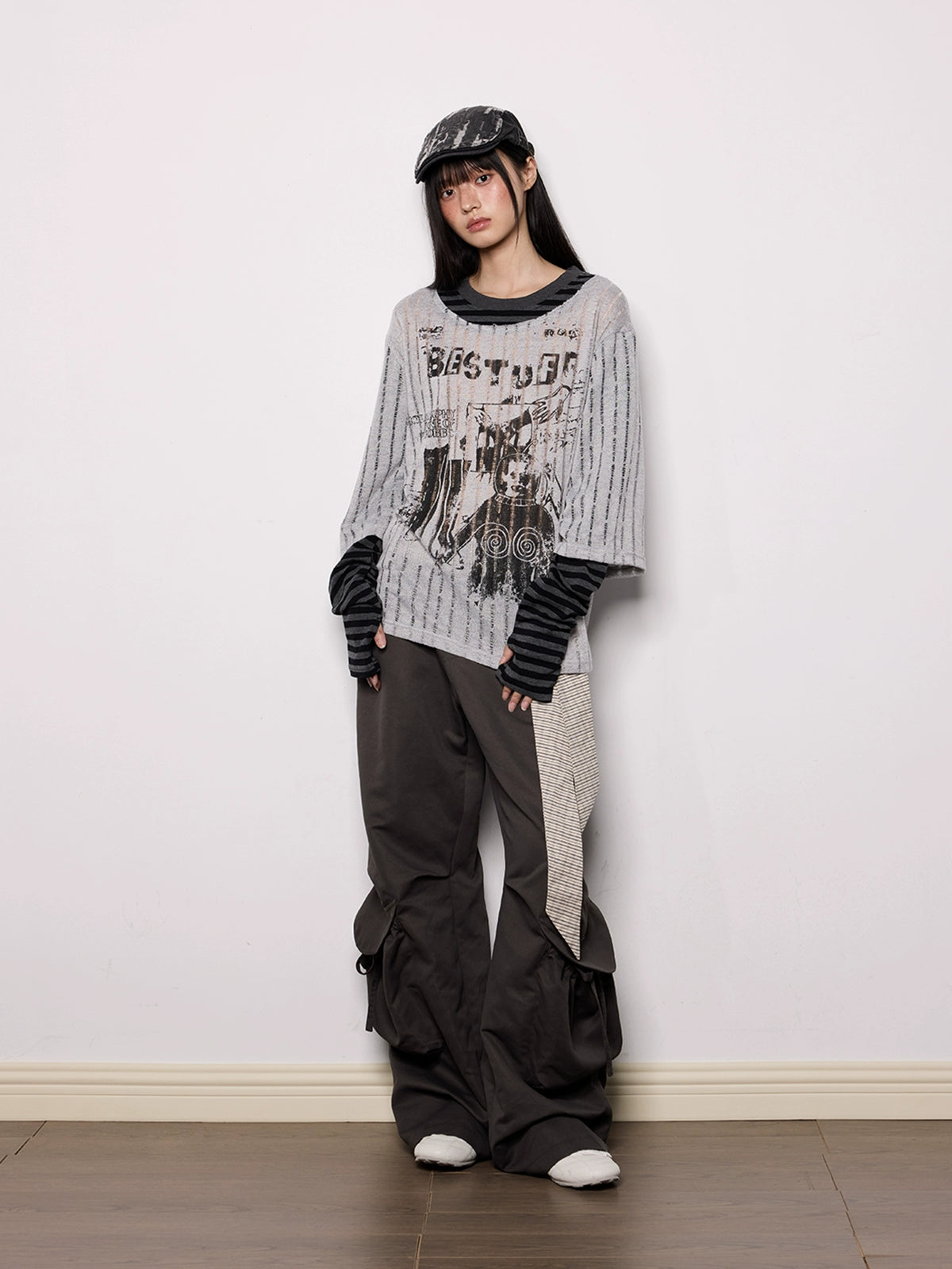 Wide-Leg Dark Cargo Pants with Striped Sash Belt