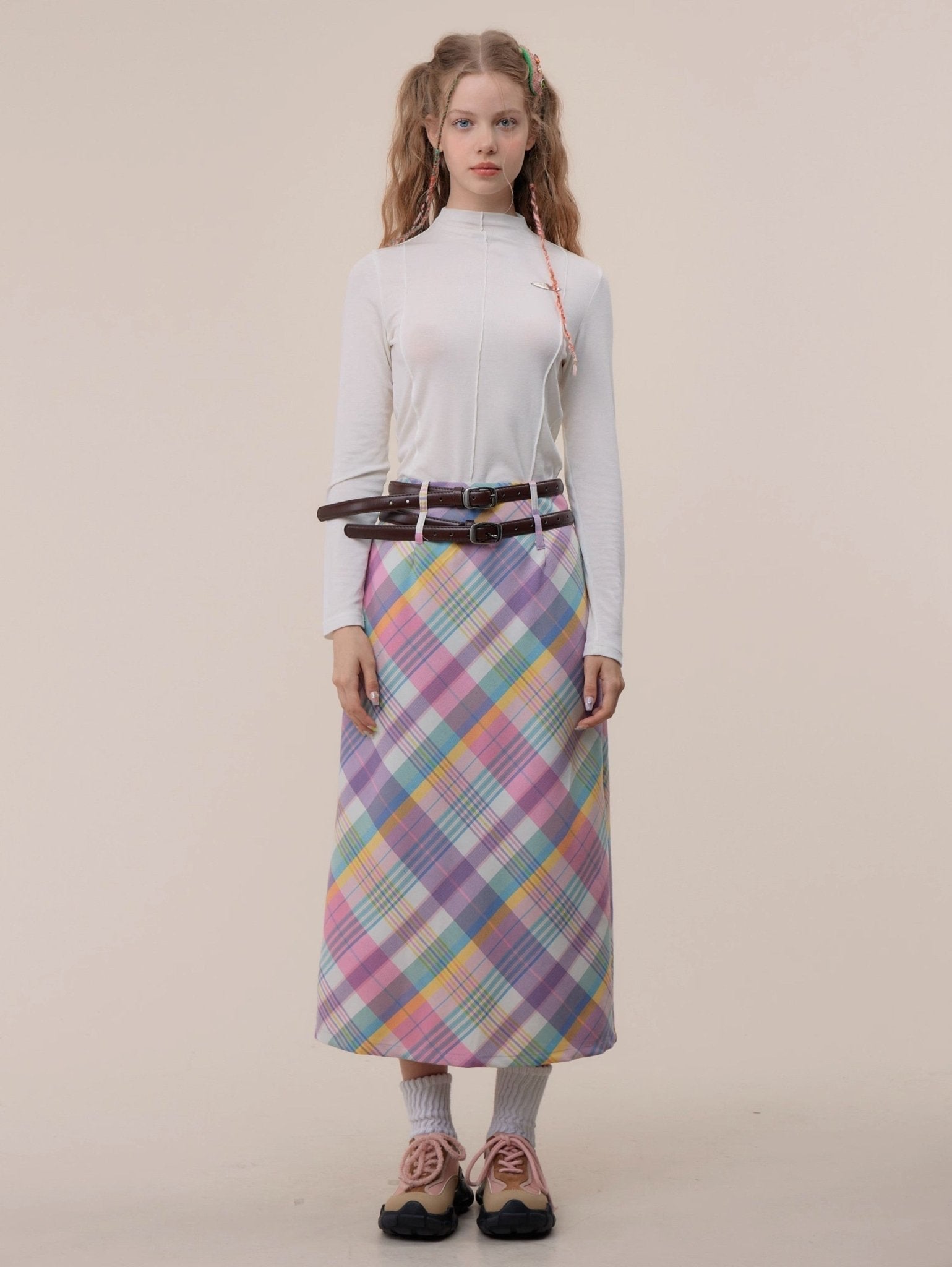 Pastel Plaid Midi Skirt