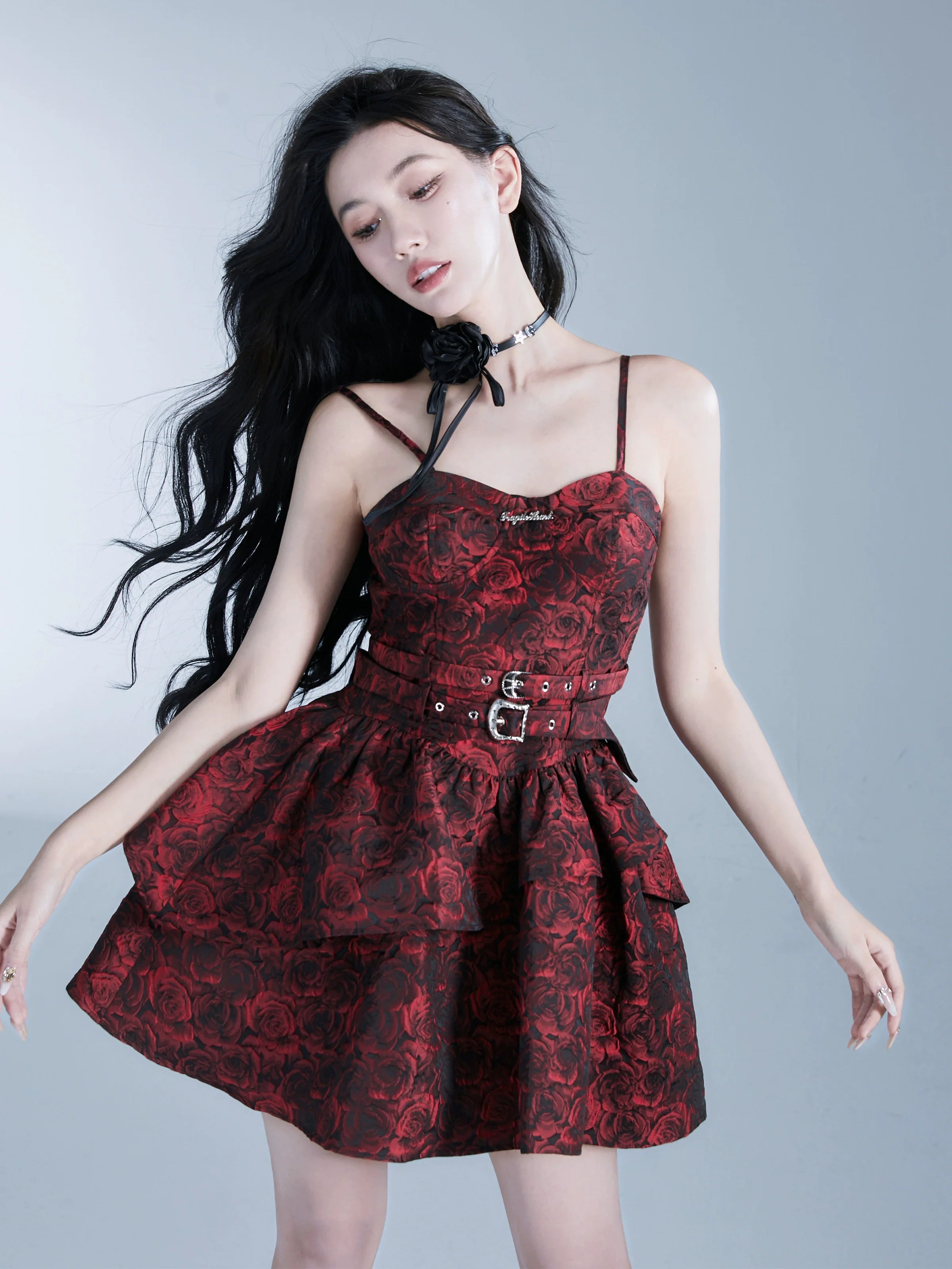 Luxe Burgundy Floral Brocade Mini Dress with Belted Waist