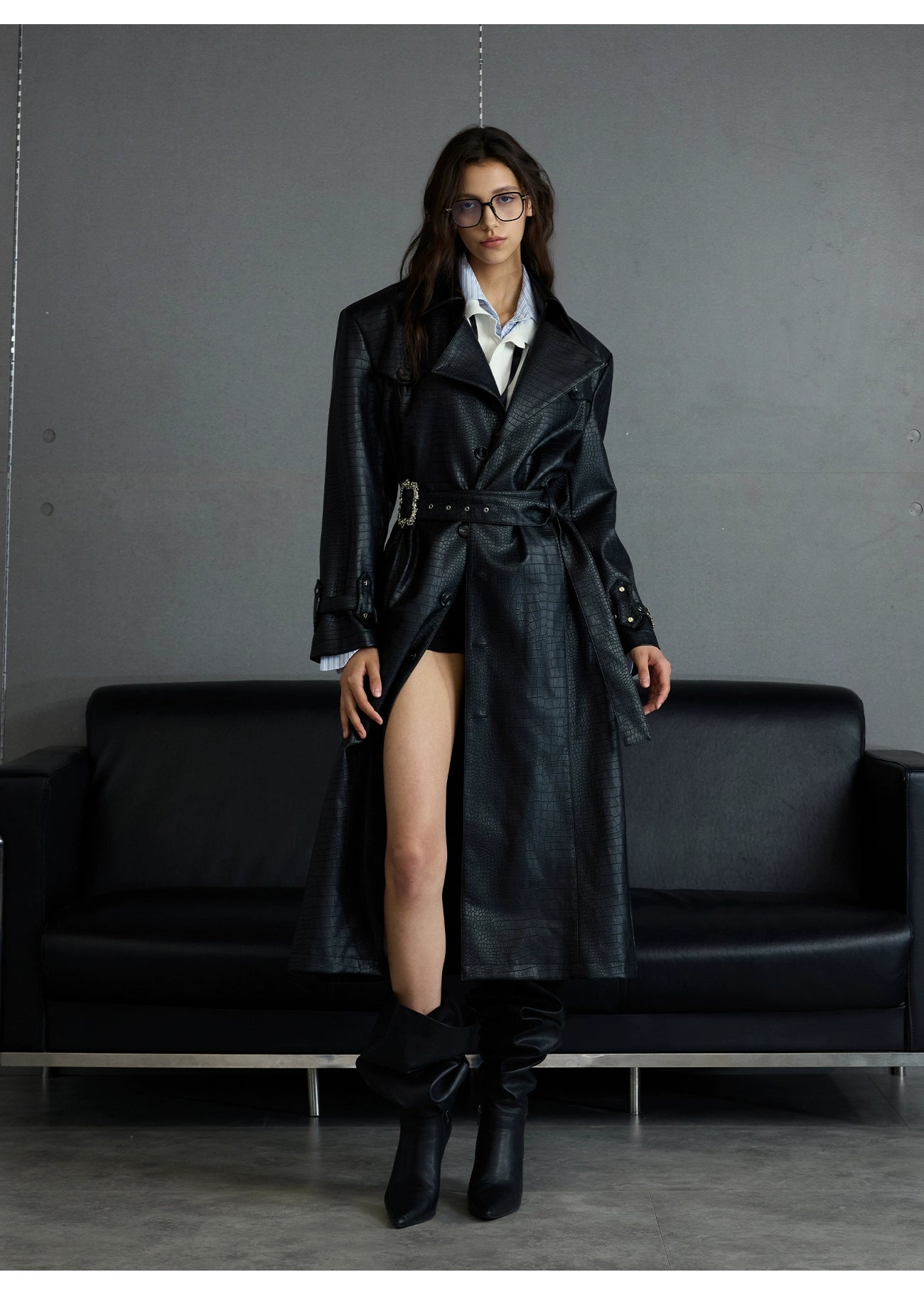 Crocodile Pattern Black Trench Coat
