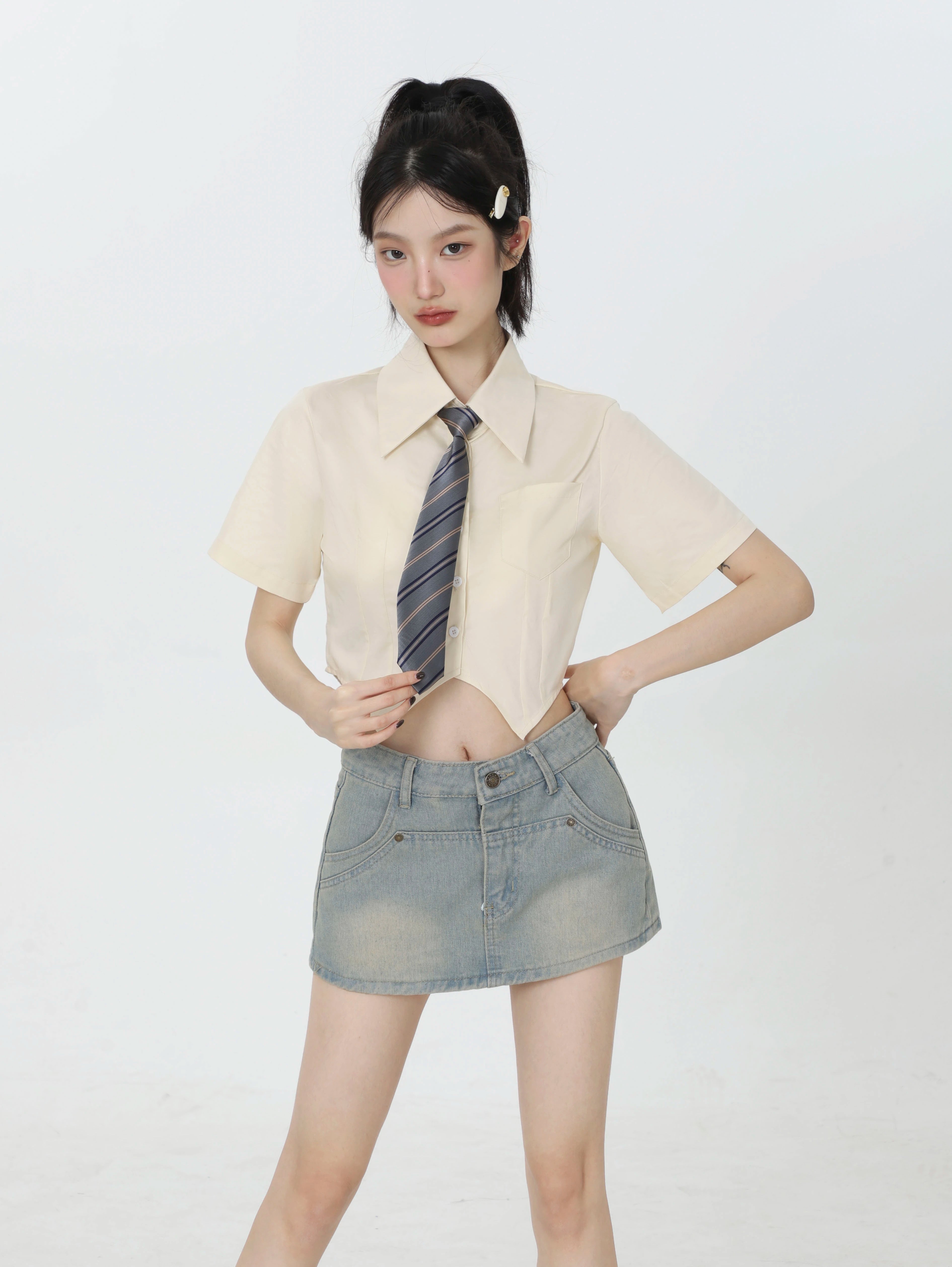 White Short-Sleeve Shirt with Tie JK Style