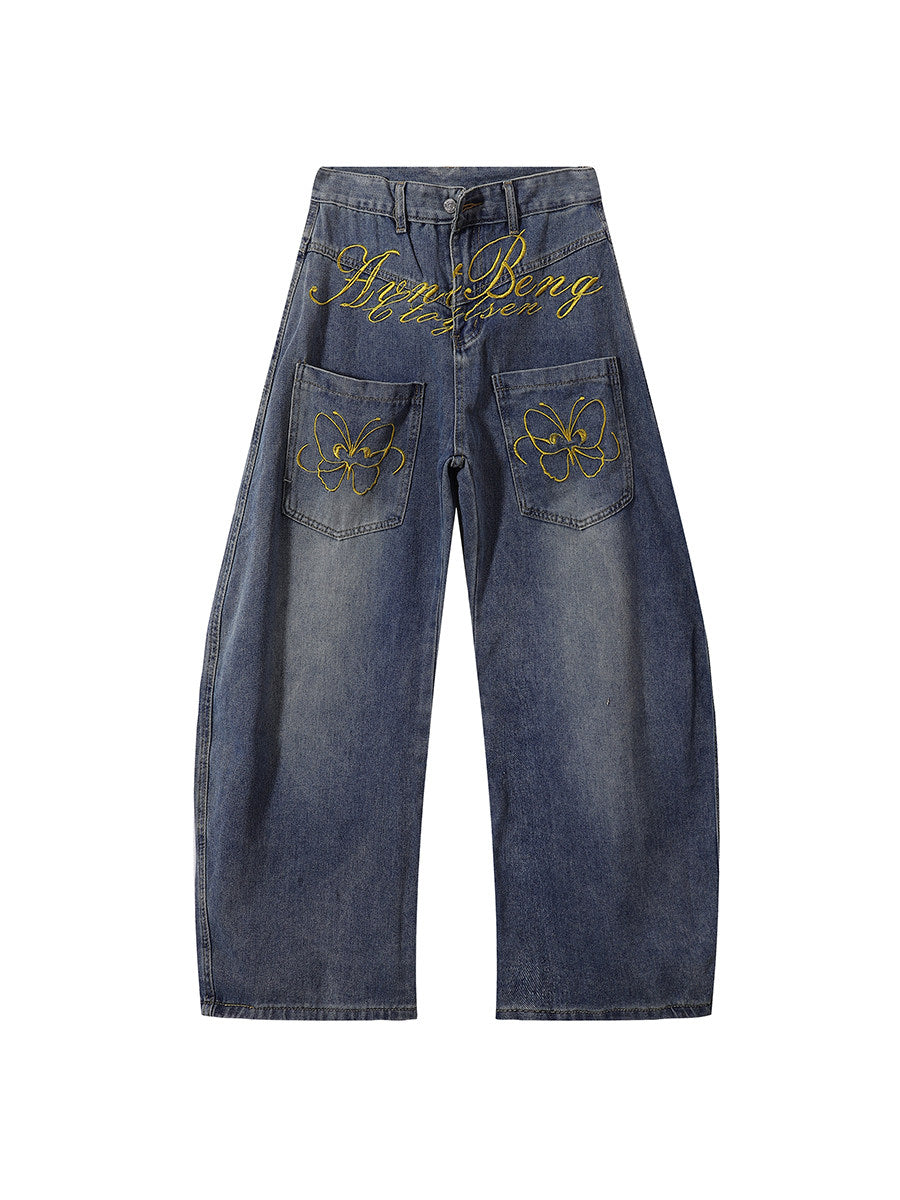 Men's Washed Embroidered Wide-Leg Jeans