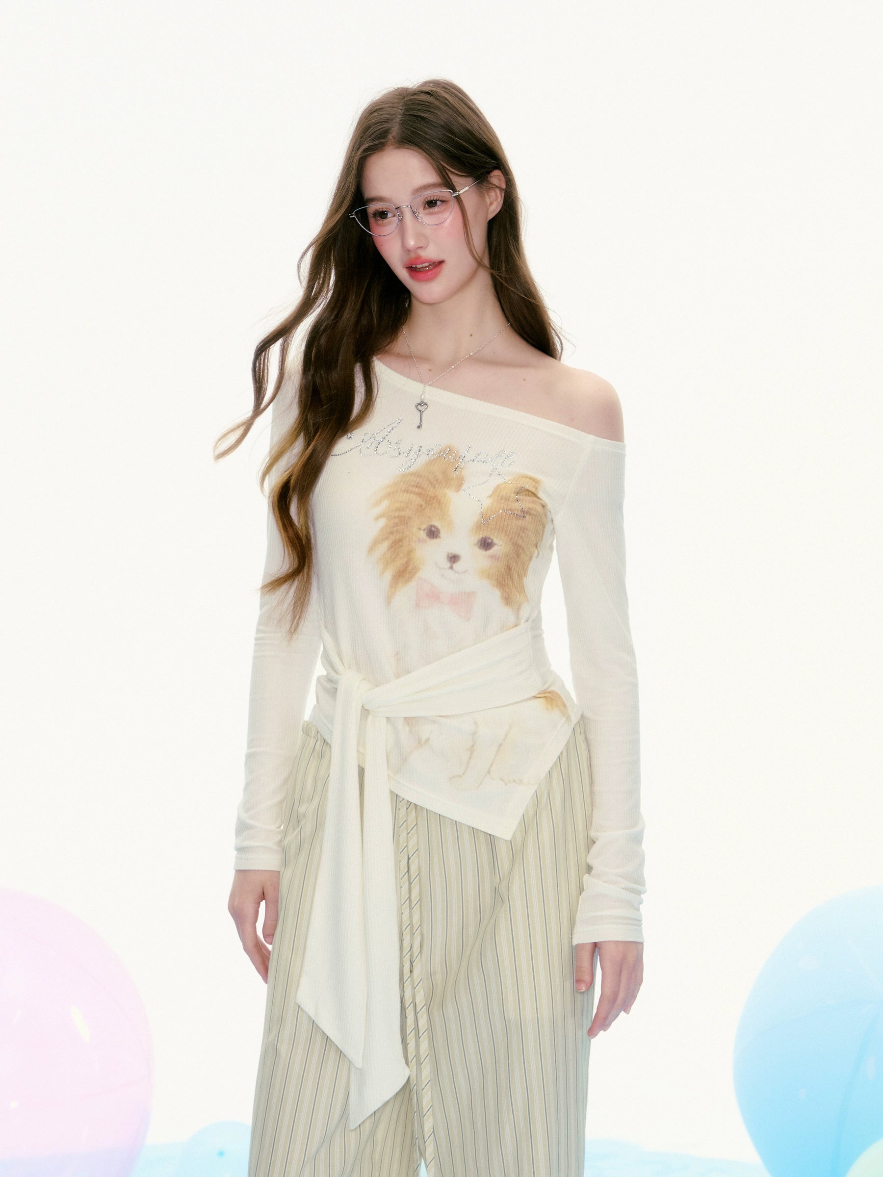Papillon Dog Print Off-Shoulder Top with Tie Waist