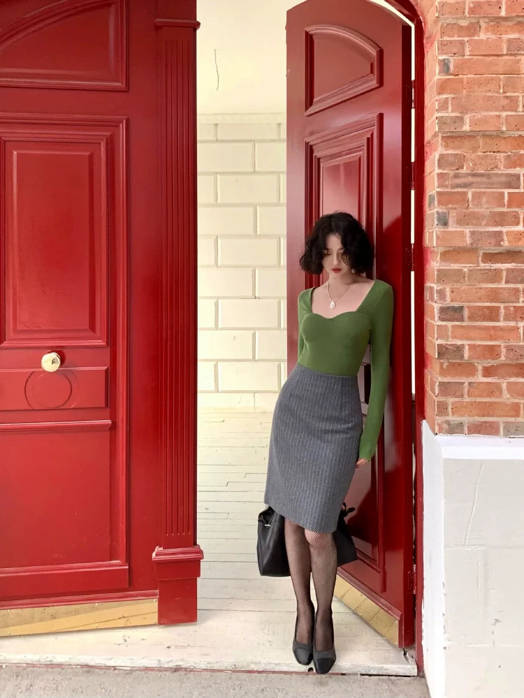 Pinstripe Pencil Brushed Skirt