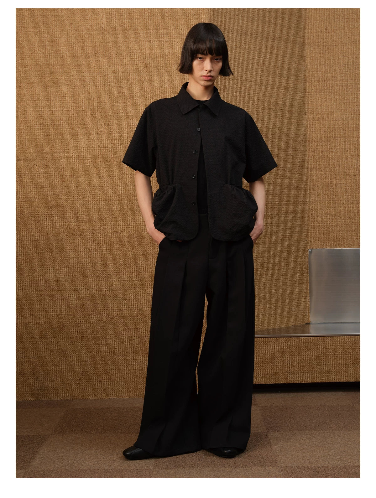 Textured Front Patch Pockets Short-Sleeve Shirt