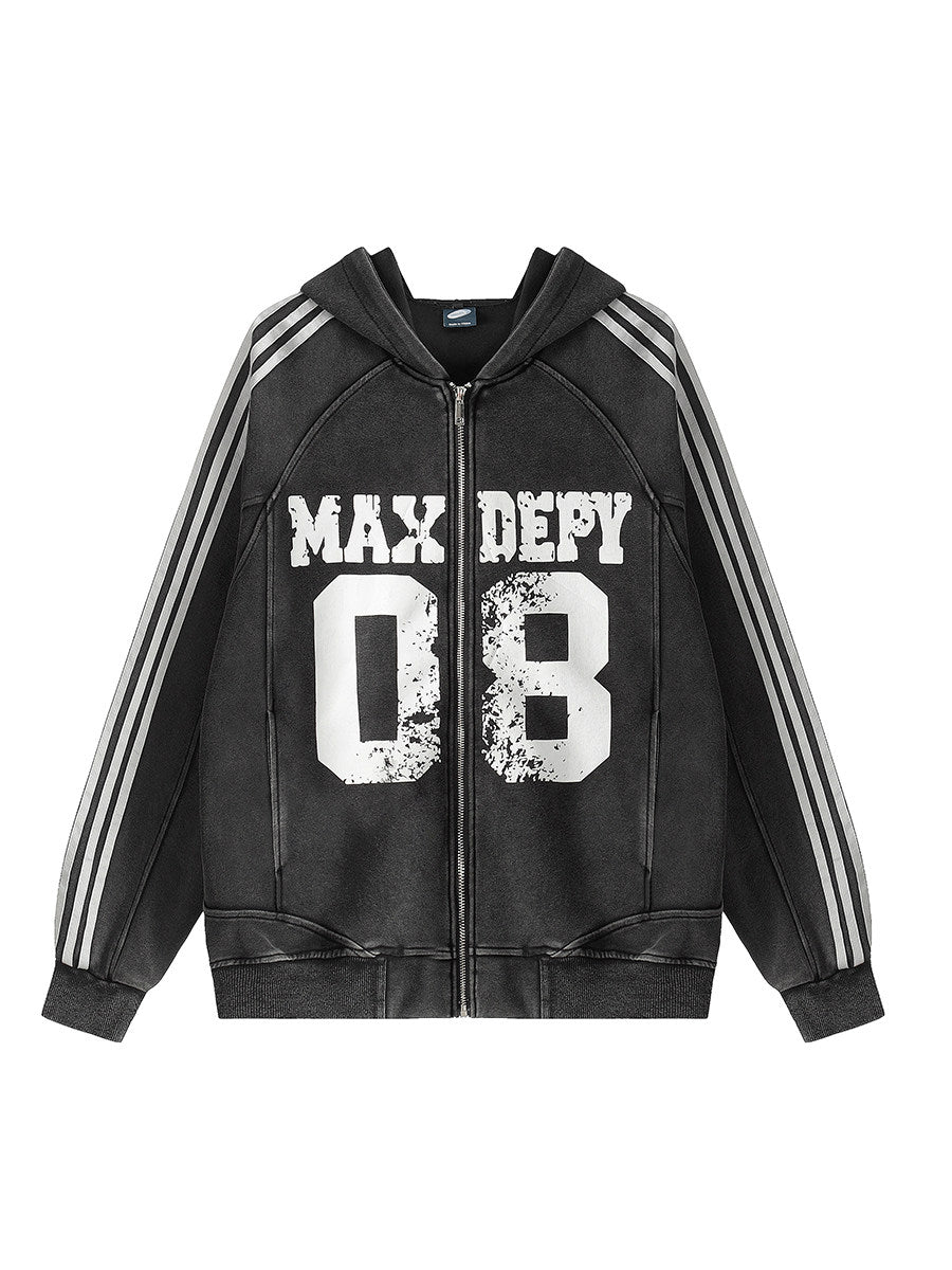 Men's Washed Distressed Letter Oversized Zip-Up Hoodie