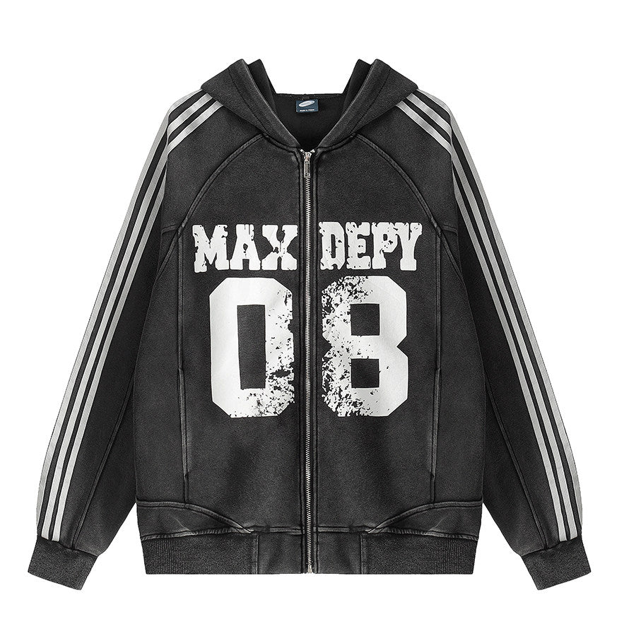 Men's Washed Distressed Letter Oversized Zip-Up Hoodie